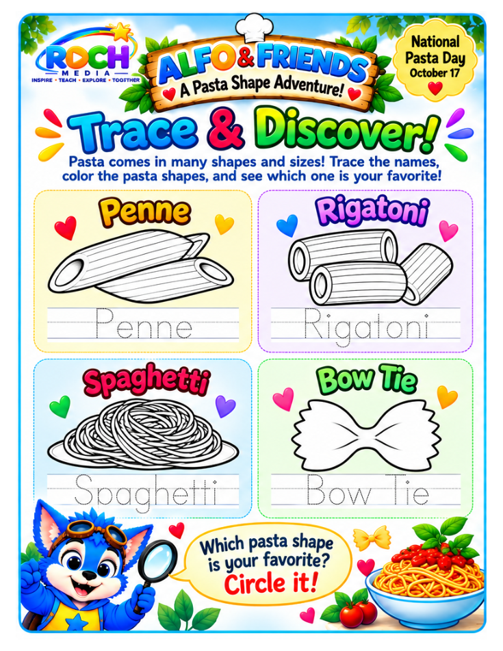 ALFO and Friends Pasta Shape Adventure tracing worksheet preview